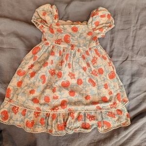 Cream Floral Puff-Sleeve Dress with Orange Print